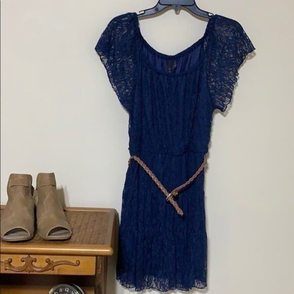 Blue Lace Dress Sheer Short Sleeve Slip Juniors Size Large - Picture 2 of 5